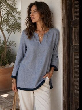 UNTUCKit boho Linen Tunic Womens 18 Blue 100% Linen Belladonna Blouse New